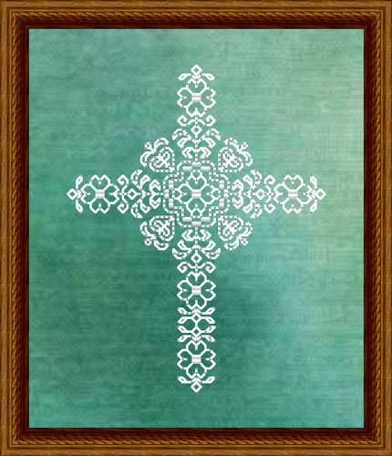 Dogwood and Hearts Cross on Overdyed Fabric