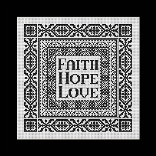 Faith Hope Love - white fabric black floss