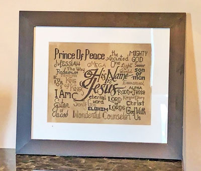 His Name is Jesus stitched by Judy Lipcsak