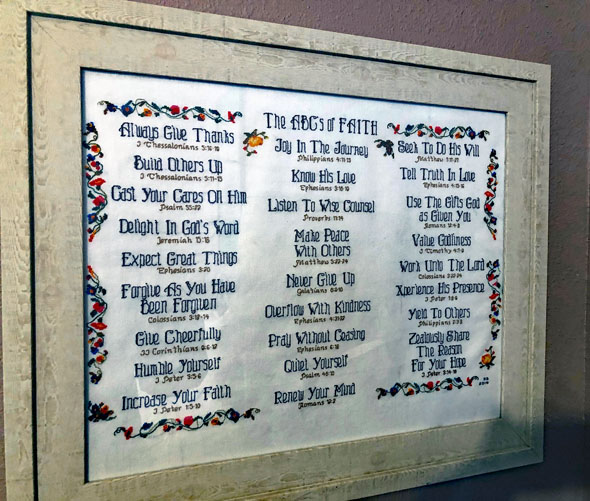 The ABC's of Faith stitched by Sandy Schwartz