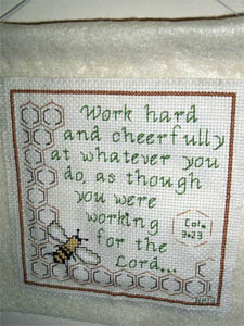 Work for the Lord stitched by Helen Pugh as a banner