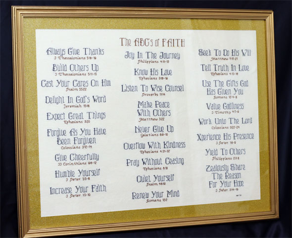 The ABC's of Faith stitched by Melody Arcangelo
