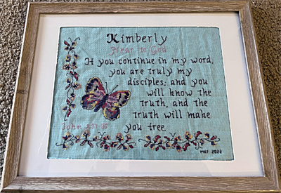 Kimberly Name Blessings stitched by Mary Fisher